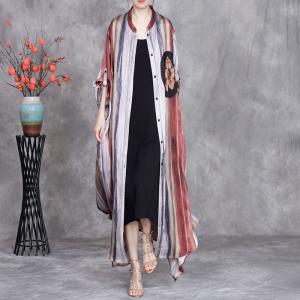Flowers Patchwork Striped Silk Long Cardigan