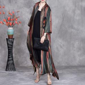 Flowers Patchwork Striped Silk Long Cardigan