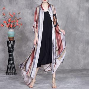 Flowers Patchwork Striped Silk Long Cardigan