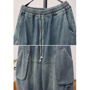Front Big Pockets Tied Baggy Wide Leg Ankle Jeans