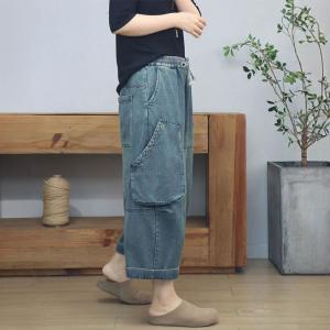 Front Big Pockets Tied Baggy Wide Leg Ankle Jeans