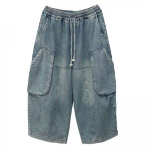 Front Big Pockets Tied Baggy Wide Leg Ankle Jeans