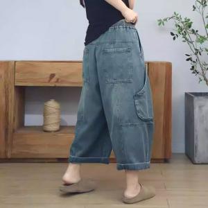 Front Big Pockets Tied Baggy Wide Leg Ankle Jeans