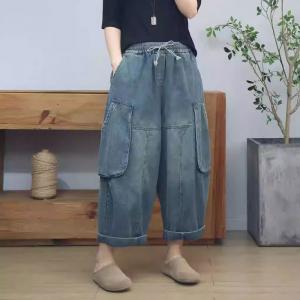 Front Big Pockets Tied Baggy Wide Leg Ankle Jeans
