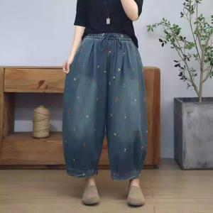90s Fashion Lazy Day Baggy Floral Embroidered Jeans Women