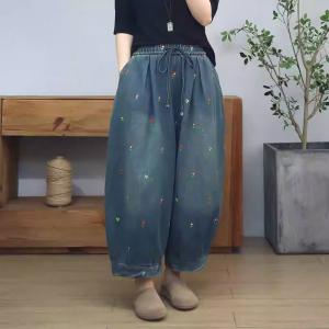 90s Fashion Lazy Day Baggy Floral Embroidered Jeans Women