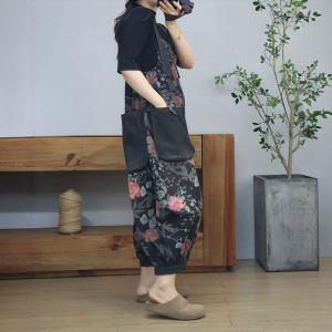 Red Roses Patterns Baggy Black Gardening Farm Overalls
