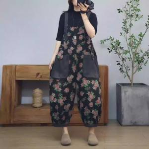 Red Roses Patterns Baggy Black Gardening Farm Overalls