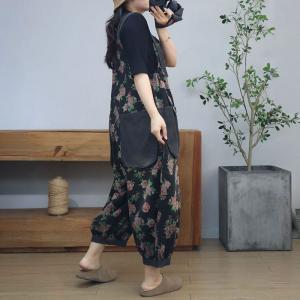 Red Roses Patterns Baggy Black Gardening Farm Overalls