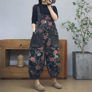 Red Roses Patterns Baggy Black Gardening Farm Overalls