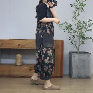 Red Roses Patterns Baggy Black Gardening Farm Overalls