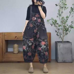 Red Roses Patterns Baggy Black Gardening Farm Overalls