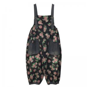Red Roses Patterns Baggy Black Gardening Farm Overalls