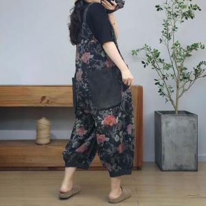 Red Roses Patterns Baggy Black Gardening Farm Overalls