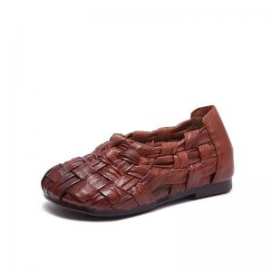 Pop Colors Cowhide Low Heels Woven Shoes