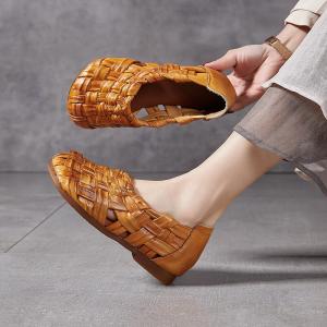 Pop Colors Cowhide Low Heels Woven Shoes