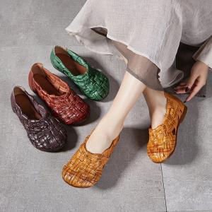 Pop Colors Cowhide Low Heels Woven Shoes