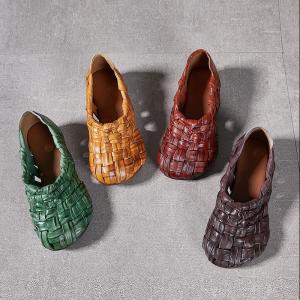 Pop Colors Cowhide Low Heels Woven Shoes