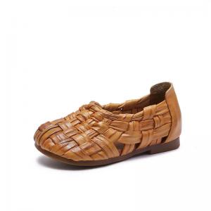 Pop Colors Cowhide Low Heels Woven Shoes