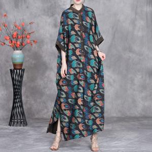 Blue Printed Plus Size Silky Summer Modest Dress