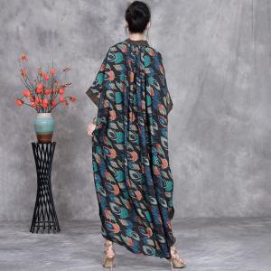 Blue Printed Plus Size Silky Summer Modest Dress