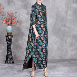 Blue Printed Plus Size Silky Summer Modest Dress