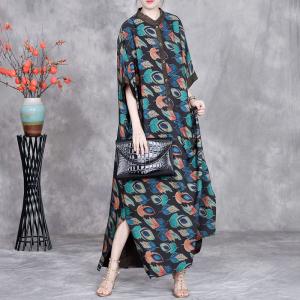 Blue Printed Plus Size Silky Summer Modest Dress