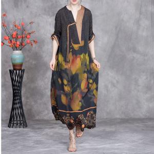 Yellow Flowers Printed Fringed Pankou Ethnic Dress