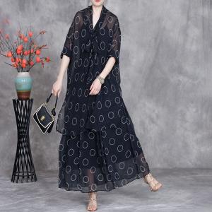 White Dots Sheer Shirt with Silk Black Skirt