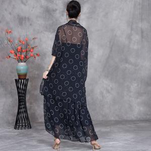 White Dots Sheer Shirt with Silk Black Skirt