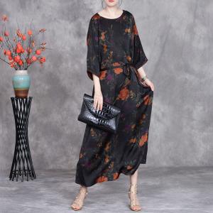 Orange Flowers Belted Waist Black Spring Dress