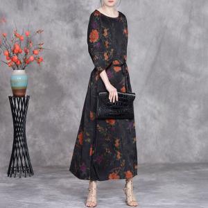 Orange Flowers Belted Waist Black Spring Dress