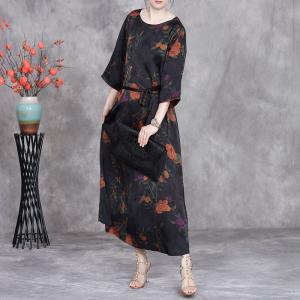 Orange Flowers Belted Waist Black Spring Dress