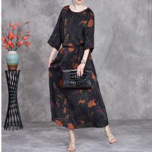 Orange Flowers Belted Waist Black Spring Dress