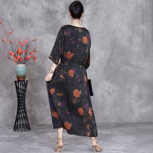 Orange Flowers Belted Waist Black Spring Dress