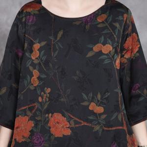 Orange Flowers Belted Waist Black Spring Dress