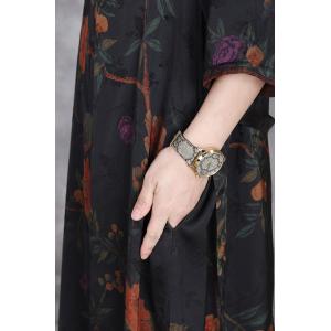 Orange Flowers Belted Waist Black Spring Dress