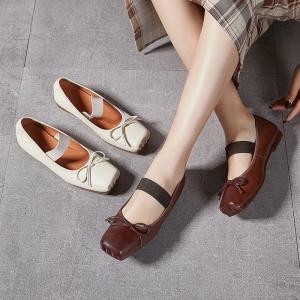 Bowknot Square Toe Leather Ballet Flats
