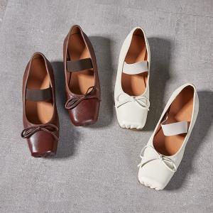 Bowknot Square Toe Leather Ballet Flats
