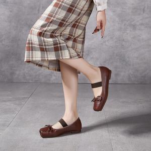Bowknot Square Toe Leather Ballet Flats