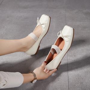 Bowknot Square Toe Leather Ballet Flats