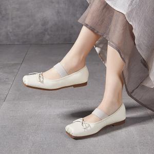 Bowknot Square Toe Leather Ballet Flats