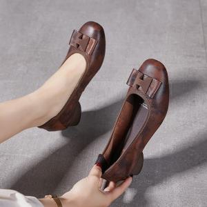 Chunky Heels Bowknot Leather Teacher Shoes