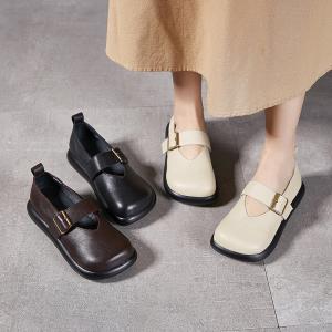Lolita Style Buckle Straps Wide Toe Leather Wedges