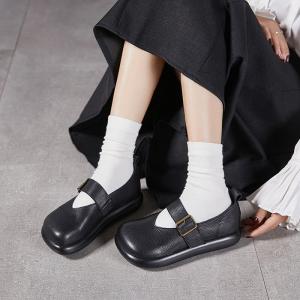 Lolita Style Buckle Straps Wide Toe Leather Wedges