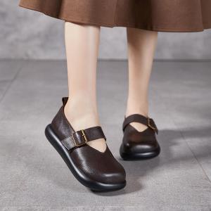 Lolita Style Buckle Straps Wide Toe Leather Wedges