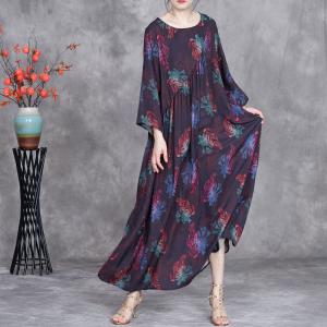 Crew Neck Flowers Printed Silk Purple Dress