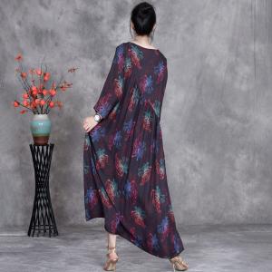 Crew Neck Flowers Printed Silk Purple Dress