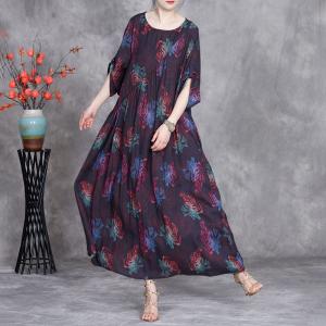 Crew Neck Flowers Printed Silk Purple Dress