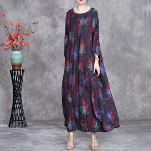 Crew Neck Flowers Printed Silk Purple Dress